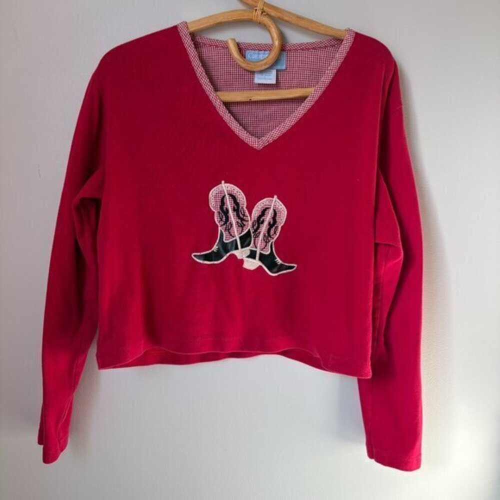 Vintage Country Tease Cowgirl Boots Red Long Sleeve Women's Large